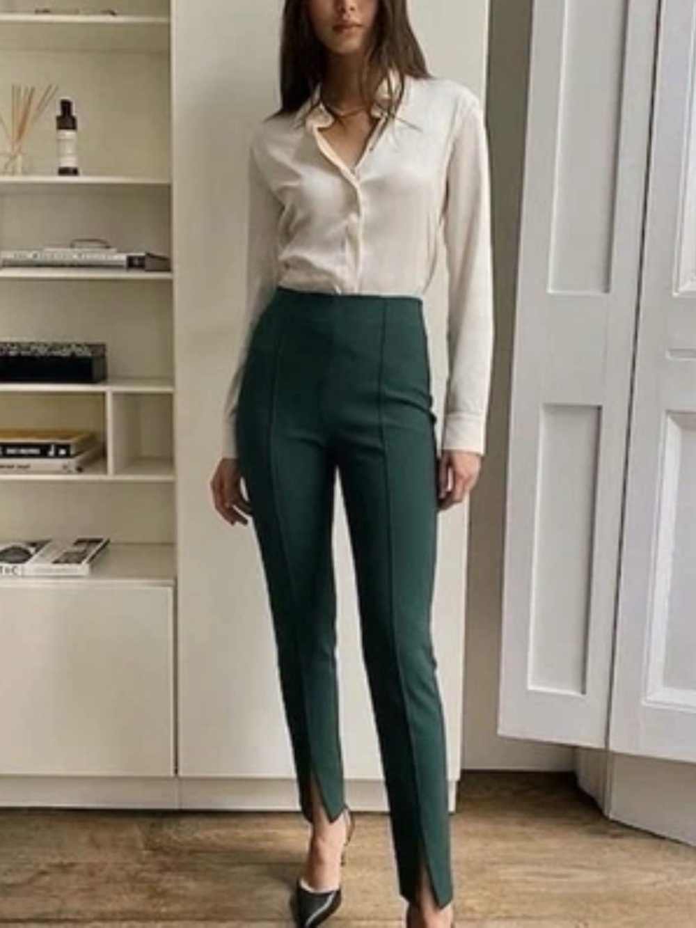 Babaton Green Pull Up High Waist Front Slit Skinny Pants US4